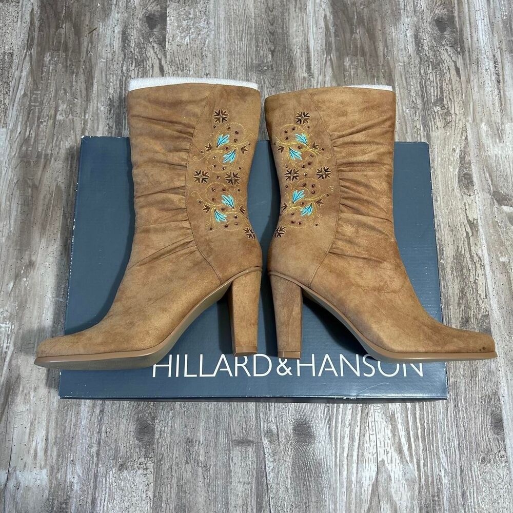 Hillard & Hanson Women's tan suede ankle boots with floral embroidery